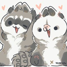 two cartoon bears sitting next to each other with hearts on their ears and noses sticking out