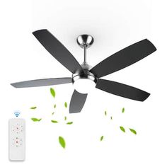 a ceiling fan with remote control in front of white wall and green leaves on it