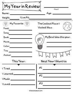 the year in review worksheet for students to practice their writing and reading skills