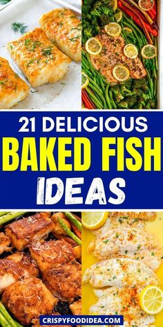 baked fish with lemons, broccoli and green beans on the side is featured in this collage