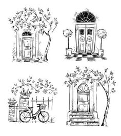 four different types of doors and windows in the style of hand drawn ink on paper