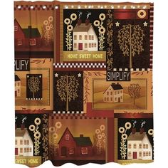 a shower curtain with houses and trees on it