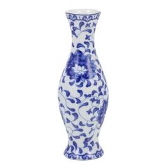 a blue and white vase with flowers on it