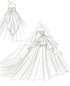 a drawing of a wedding dress with long veil