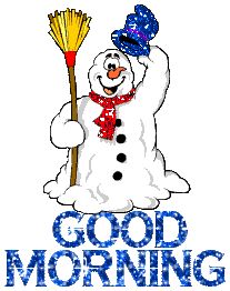 a snowman is holding a broom and the words good morning are written in blue