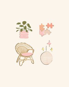 a pink chair and some pieces of puzzle