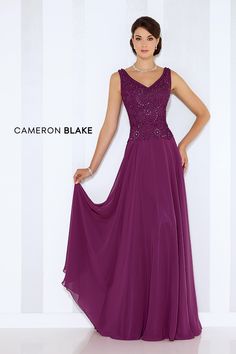 Cameron Blake Style #116654. Description: Sleeveless chiffon A-line gown with front and back V-necklines, ribbon work bodice with slight dropped waist, flyaway skirt. Matching shawl included. Details: Fabric: Chiffon, Ribbon Work;Length: Long;Neckline: V-Neck;Silhouette: A-Line;Sleeve Type: Sleeveless;Special Features: Shawl Included;Waistline: Dropped Waist Cameron Blake, 2016 Style, Bridal Party Attire, Classic Necklace, Ribbon Work