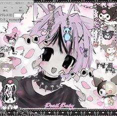 an anime character with pink hair and many other characters around her, all in black and white