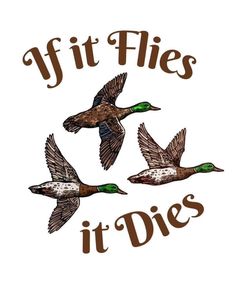 three ducks flying in the air with words above them that say if it flies, it dies