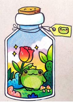 a drawing of a frog in a glass jar