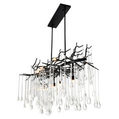 a large chandelier with many hanging glass drops and black metal frame, on an isolated white background