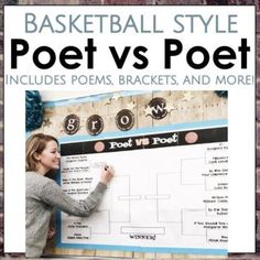 a woman writing on a poster with the words poetry vs poem in front of her