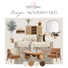 a living room with furniture and decor in shades of brown, beige, white and tan