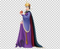 the evil queen holding an apple in her hand, while she is wearing a purple gown and