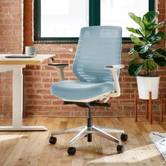 a blue office chair in front of a brick wall with a potted plant next to it