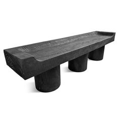 Modern black finish solid acacia wood bench with three round thick pillar legs. Beautiful natural textured wood grain. Seat height is 18". Yakisugi Furniture, Brutalist Chair, Wood Bench Design, Metal And Wood Bench, Raw Furniture, Foyer Bench, Bench Height, Industrial Bench, African Furniture