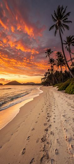 the sun is setting on an empty beach with footprints in the sand and palm trees