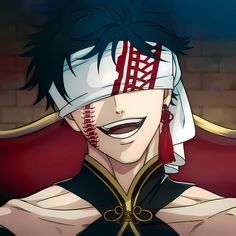 an anime character with black hair and red eyes wearing a white headband, smiling at the camera