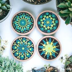 four painted wooden coasters sitting on top of a table next to succulent plants