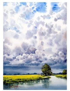 a painting of clouds over a body of water with a tree in the foreground