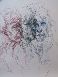 two colored pencil drawings of people's faces on a white paper sheet with blue, red and green lines