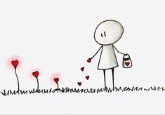 a drawing of a person holding a bag with hearts on it and flowers in the background