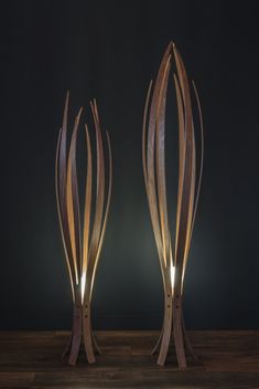 two wooden sculptures with lights on them