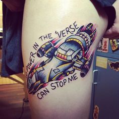 a woman's thigh with an airplane tattoo on it that says, in the verse can stop me