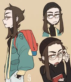 four different poses of a woman with glasses and a backpack on her back, holding a cell phone