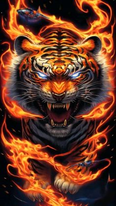 a tiger with flames on it's face