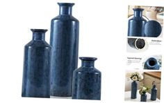 three blue vases sitting next to each other