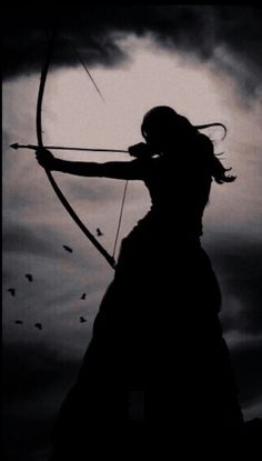 the silhouette of a person holding a bow and arrow in front of a cloudy sky