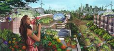 a painting of a woman smelling flowers on top of a building with wind turbines in the background