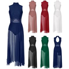 four dresses with different colors and fringes