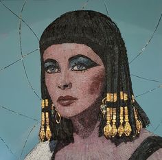 a mosaic portrait of an egyptian woman with gold earrings on her head and black hair