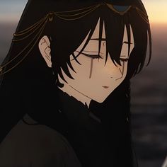 an anime character with long black hair staring at the camera while wearing a dark outfit