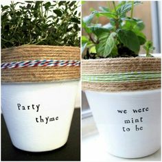 two white planters with plants in them that say party thye and we were mint to be