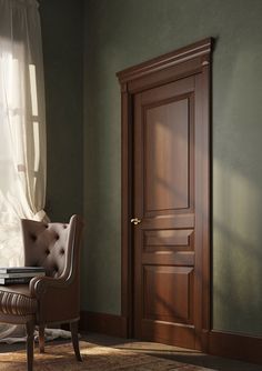 a chair sitting in front of a wooden door