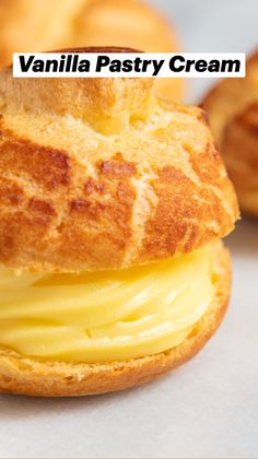 a close up of a pastry with the words vanilla pastry cream on it's side