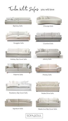 the different types of sofas and loveseats are shown in this diagram, which shows