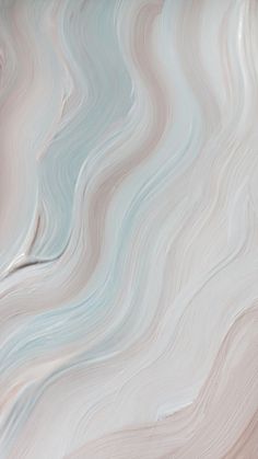 an abstract painting with white and blue waves on the bottom half of it, as well as light green paint