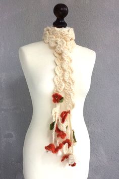 "This chunky long scarf is completely hand crocheted. Boho fringed wrap scarf is made of cotton cable mercerized yarn and wooden beads.  I made this ivory skinny scarf for you to look wonderful. Also, it is a perfect gift for women. This crochet flowers necklace will look wonderful on your neck. This crocheted foulard would be the perfect gift! The flowers are called as Oya, which is very old and well known. The floral lariat is approximately 190 cm (75\") long. You can just wrap the soft neckla Flower Crochet Scarf, Crochet Flower Scarf, Elegant Scarves, Boho Fringe, Flower Scarf, Pretty Scarves, Floral Crochet, Wrap Scarf, Scarf Women