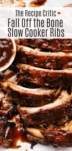 the recipe for slow cooker ribs is shown with sauce on top and in front