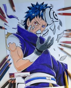 a drawing of an anime character with blue hair and black gloves, surrounded by colored pencils