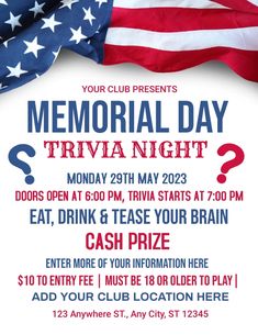 the memorial day trivia night flyer with an american flag