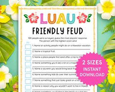 the free printable luau friendly fud game is shown with flowers and leaves