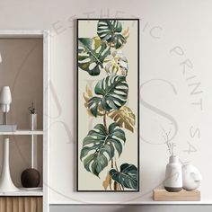 a painting hanging on the wall next to a shelf