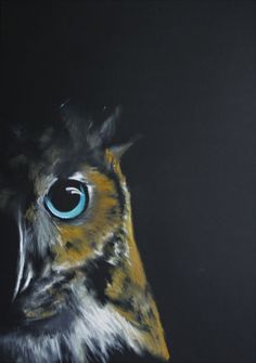 a painting of an owl with blue eyes