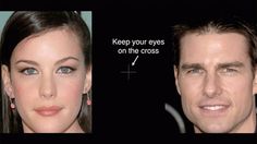 a man and woman with blue eyes are shown in this split screen image from the same photo