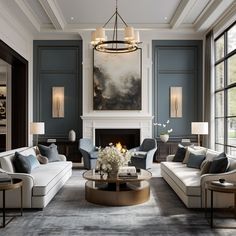 a living room filled with lots of furniture and a fire place in the middle of it